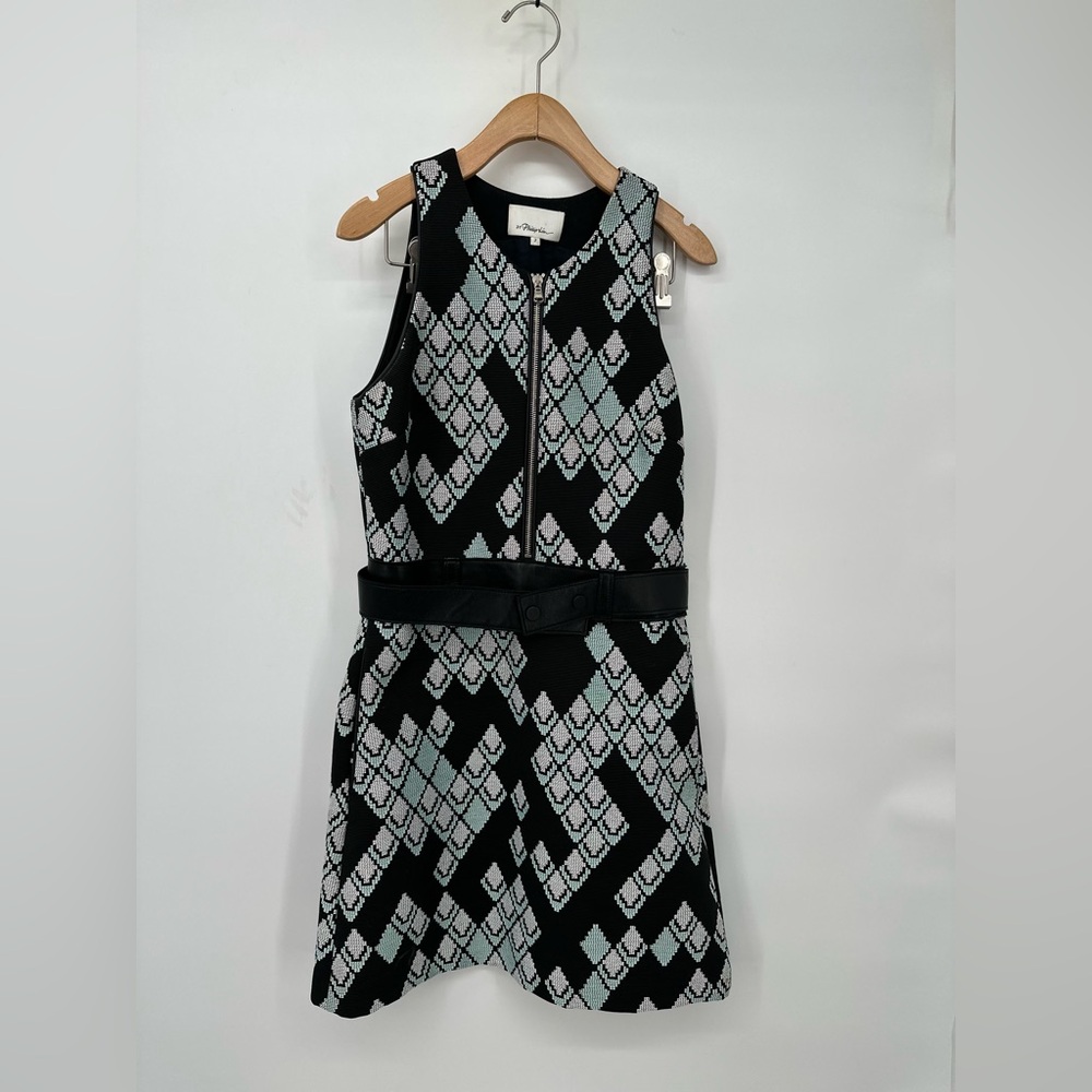 3.1 Phillip Lim Women's 2 Jacquard A-Line Dress Lamb Leather Trim Silk Lined